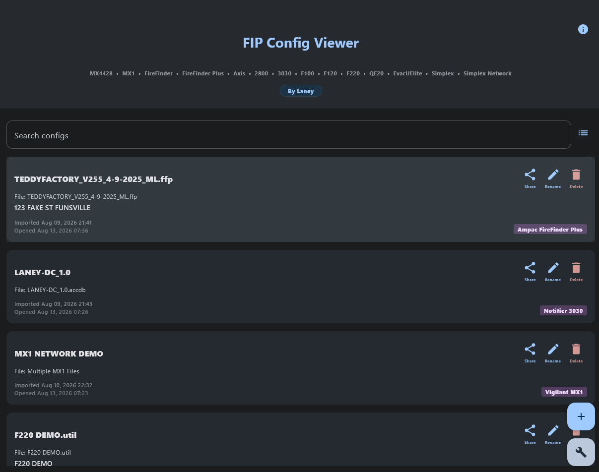FIP Config Viewer Configs Library screen showing FireFinder Plus, Notifier 3030, and Vigilant MX1