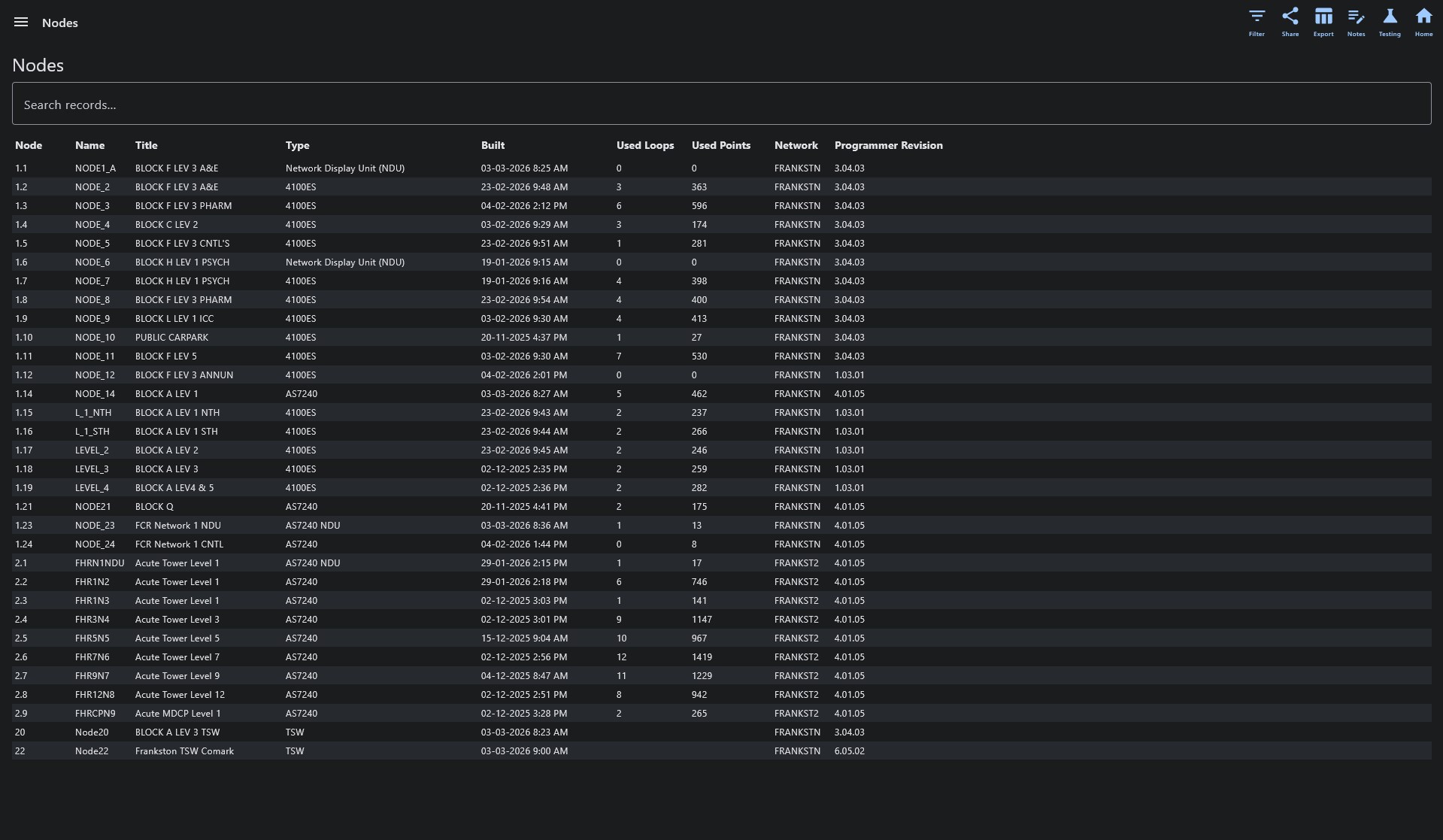 FIP Config Viewer Simplex Multi-Node network view showing 4100ES, AS7240 NDU nodes and revisions